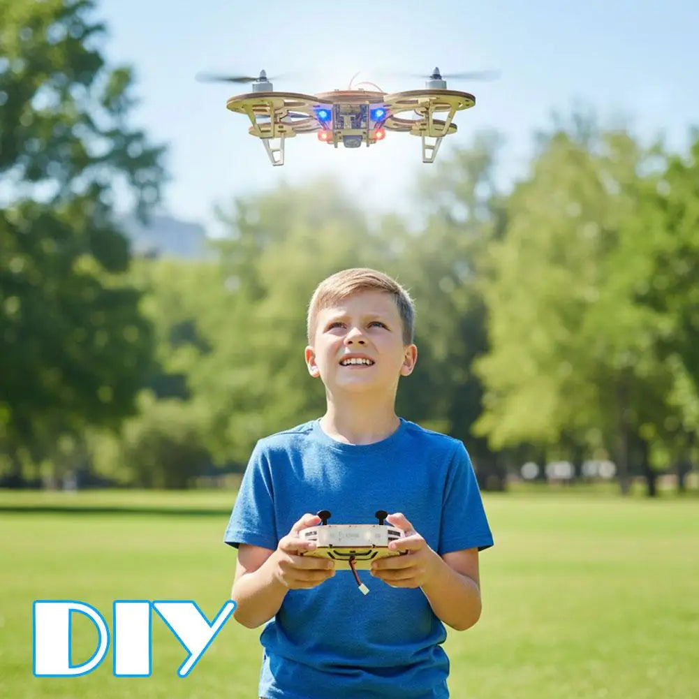 DIY Wooden Flying Toy Remote Control Aircraft DIY Assembly Toy Wooden Model Kit Quadcopters Educational Learning Props