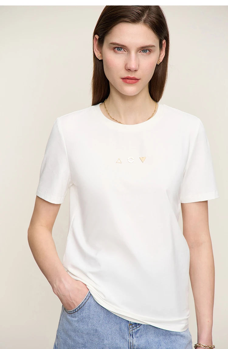 Amii Minimalist T-shirt Women's Tops O-neck Short Sleeves Geometric Decoration Antibacterial Cotton Elastic Casual Tees 12521088
