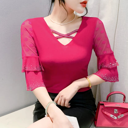 2026 Spring Summer Mesh Tops Korean Fashion Diamond T Shirt Slim 3/4 Sleeve Hollow Out Casual Women Shirt