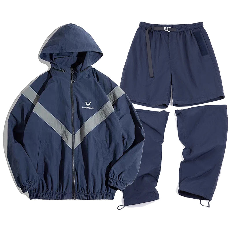 Men's Casual Sports Set for Autumn and Winter, Tracksuit, Jogging Set, 100% Nylon Waterproof Reflective Flight Jacket and Pants