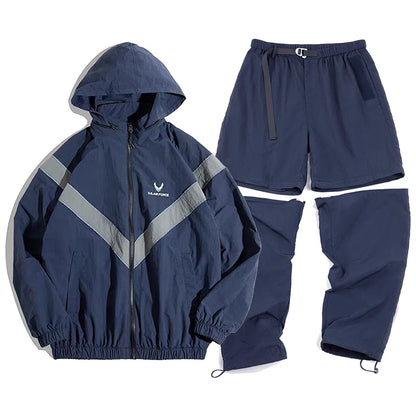 Men's Casual Sports Set for Autumn and Winter, Tracksuit, Jogging Set, 100% Nylon Waterproof Reflective Flight Jacket and Pants