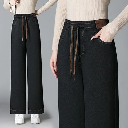 High Waist Fleece Lined Thick Wide Leg Jeans Women's Casual Straight Leg Pants Autumn Winter Loose Fit Comfortable Trousers