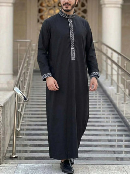 New Men's White Loose-fitting Embroidered Casual Stand-up Collar Style Long Dress Robe Abaya Ramadan Dubai Luxury Islam Elegant