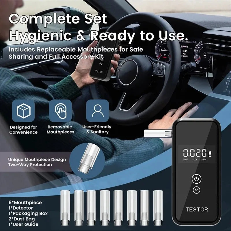 New Professional Portable Breathalyzer Alcohol Tester with Digital Display 8 Reusable Mouthpieces for Home Car Safety Use