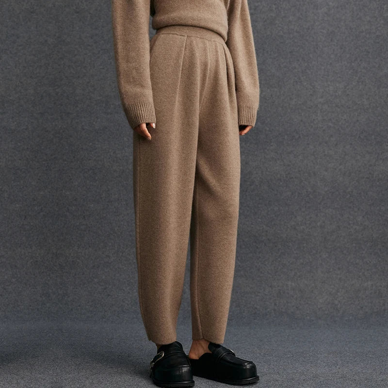 Women's 100% Cashmere Casual Solid Color Knitted Jogging Pants Elastic Waist Sports Pants with Pocket Thickened Warm
