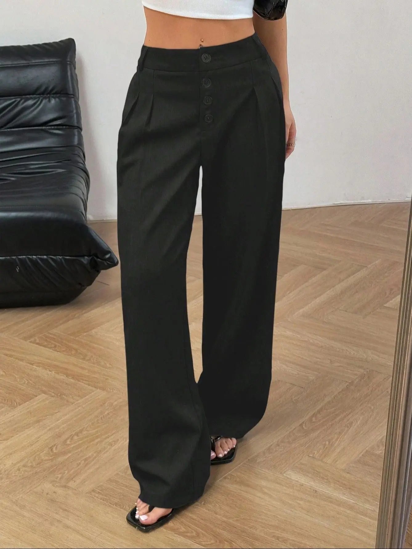 Women's Black High Waist Wide Leg Pants | Button Fly Pleated Draped Flattering Office Suit Trousers, Versatile