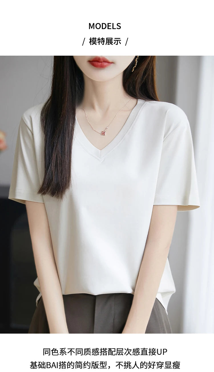 2026 Summer New Pure Cotton V-neck Short-sleeved T-shirt Women's Solid Color Joker Pullover Shirt with Loose Sleeve Bottom Shirt