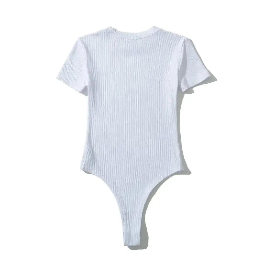 Summer Short Sleeve O-neck Knitted Bodysuits Women Stretchable Slim Basic Solid Color Tops