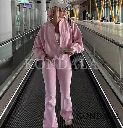KONDALA Fall Women Elegant Pant Set Simple O-Neck Zipper Jacket, Slim Drawstring Flared Pants 2025 Spring Autumn Casual Lady Set