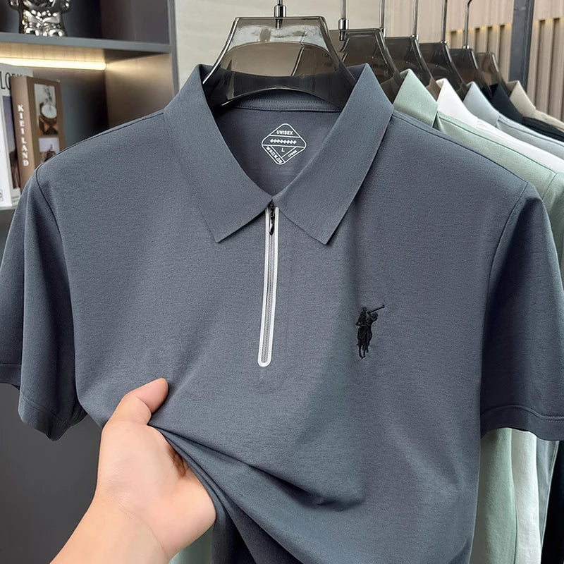 Summer New Ice Silk Cool Short Sleeved Polo Shirt, Skin Friendly, Breathable, Lapel Zipper, Business Casual T-shirt for Men