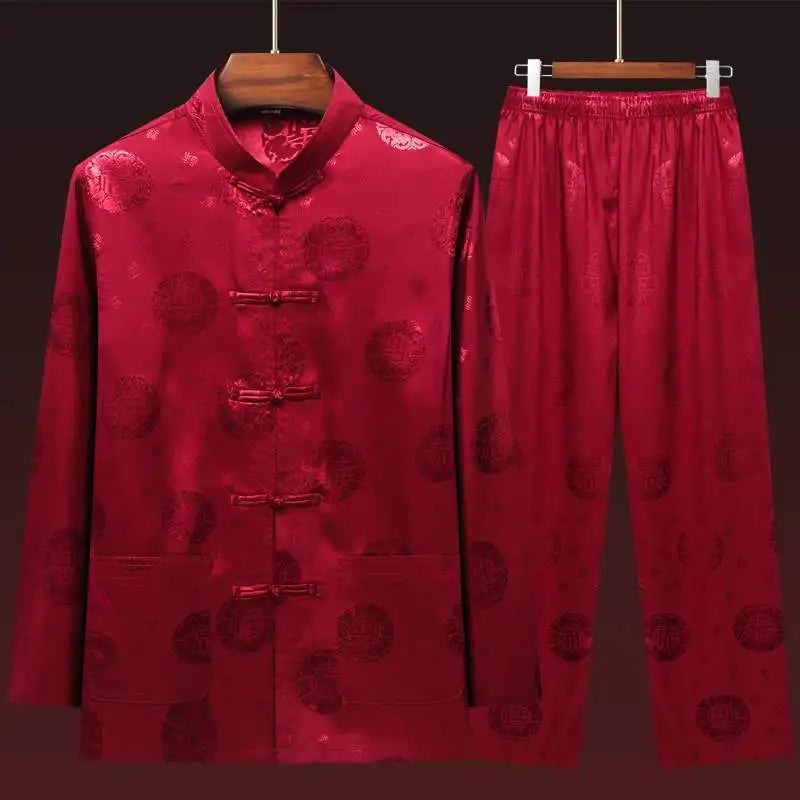 Men's Long Sleeve Ice Silk Tai Chi Suit Traditional Chinese Hanfu Vintage Style Tang Costume Elderly Fashion Dad's Clothing
