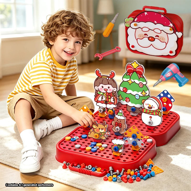 Christmas Pretend Repair Toolbox with Electric Screwdriver DIY 2D/3D Creative Building Puzzle Toy Screw Tool Set for Kids Gifts
