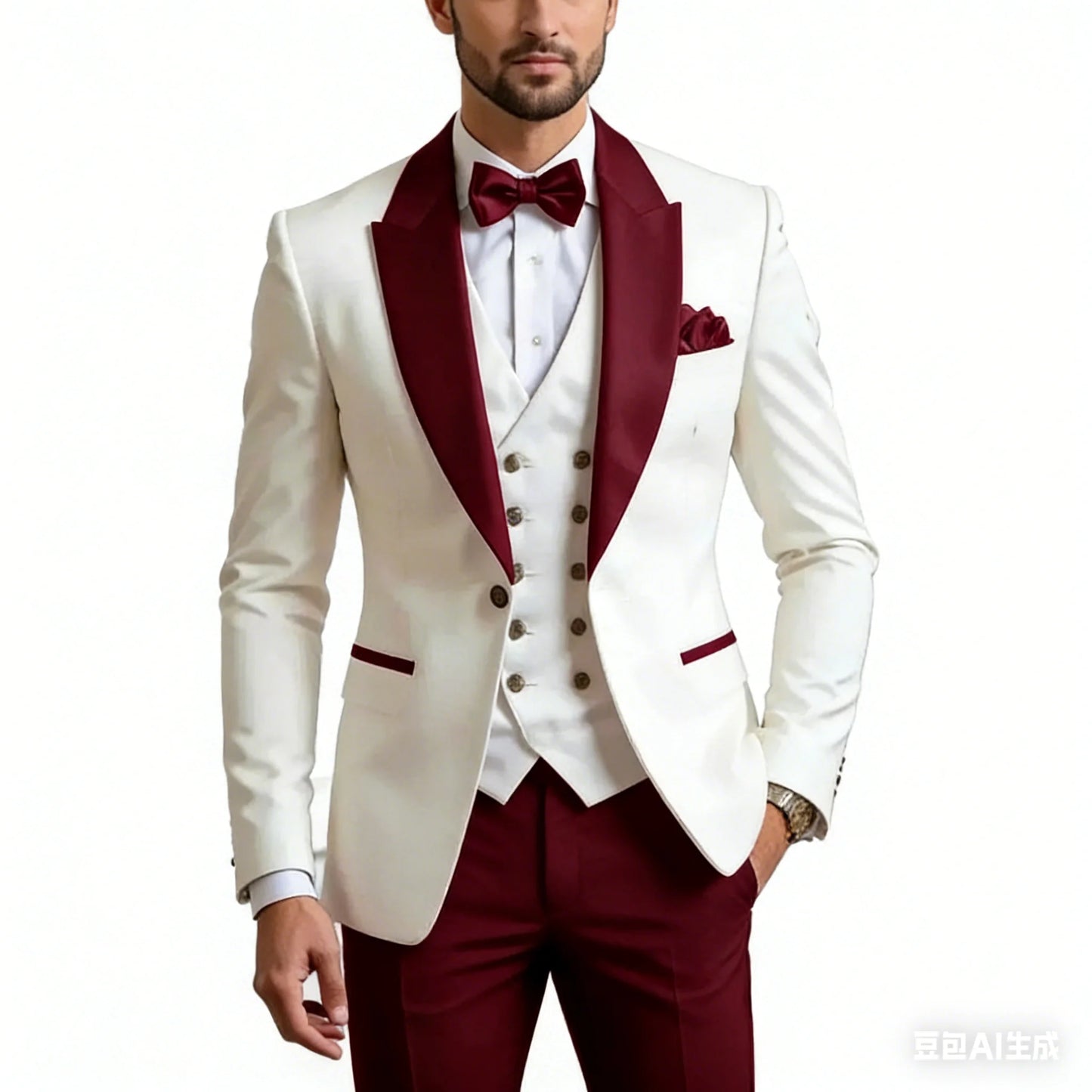 Gold Collar Ivory Men Wedding Suit Wedding Party Formal Groom Groomsman Prom Business Male Tuxedos 3 Piece Set Jacket +Vest+ Pan