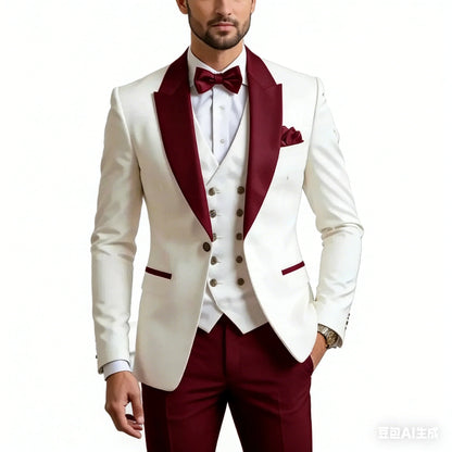 Gold Collar Ivory Men Wedding Suit Wedding Party Formal Groom Groomsman Prom Business Male Tuxedos 3 Piece Set Jacket +Vest+ Pan
