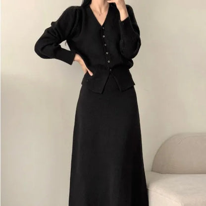 Autumn Winter V-Neck Single Button Knitted Cardigan Women's High Waist Wrap Body Skirt Korean Style Fashion Set High Quality