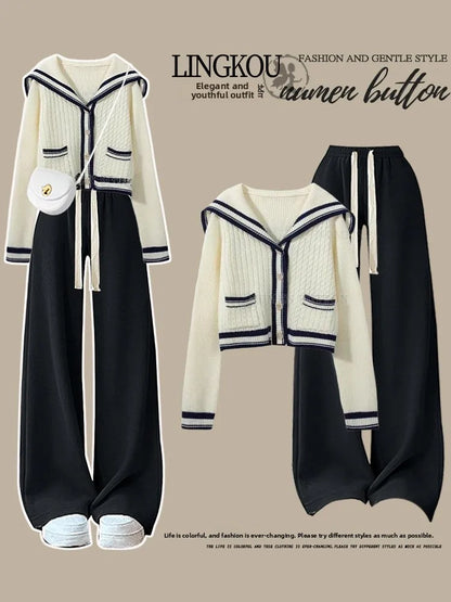 Slimming Wide Leg Pants Navy Collar Knitted Sweater Set Anti-Aging Autumn Fashion College Style Women's Two-Piece Suit Ensemble
