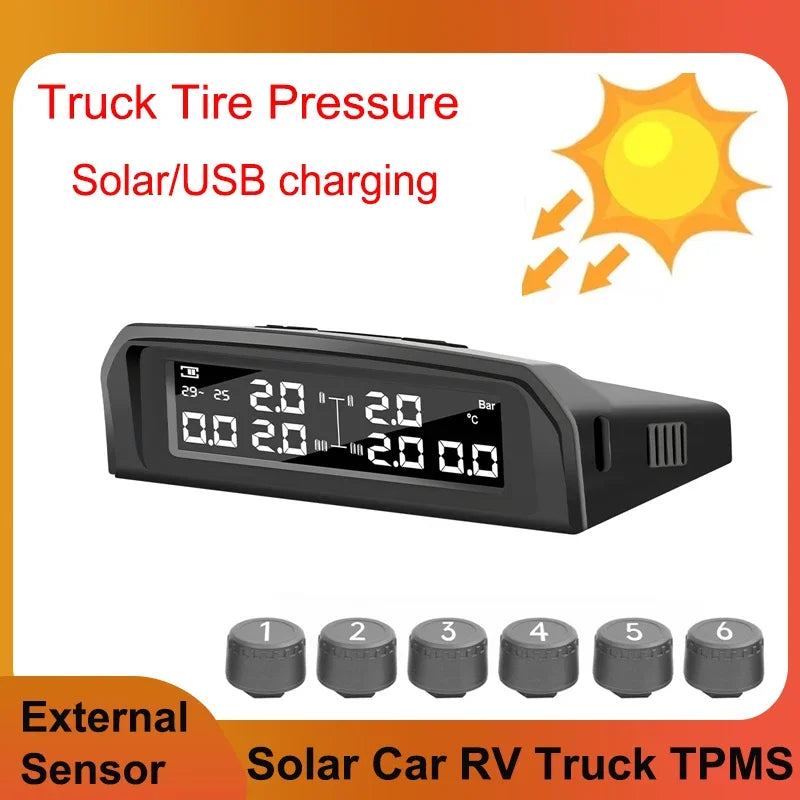 Truck 6 Wheel Tire Pressure Solar TPMS Sensor Security Monitoring Temperature Alarm System USB Charing with Waterproof