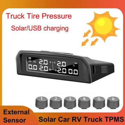 Truck 6 Wheel Tire Pressure Solar TPMS Sensor Security Monitoring Temperature Alarm System USB Charing with Waterproof