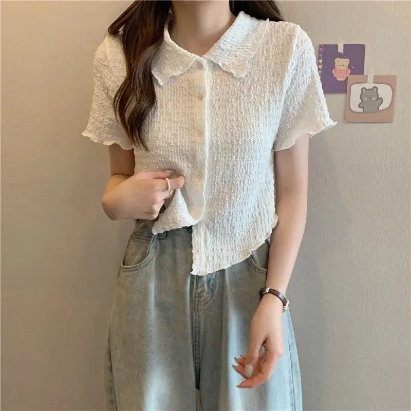 2026 New Korean Preppy Style Women's Polo Collar Short Sleeve Shirt Top Sweet Slimming Versatile Younger Looking