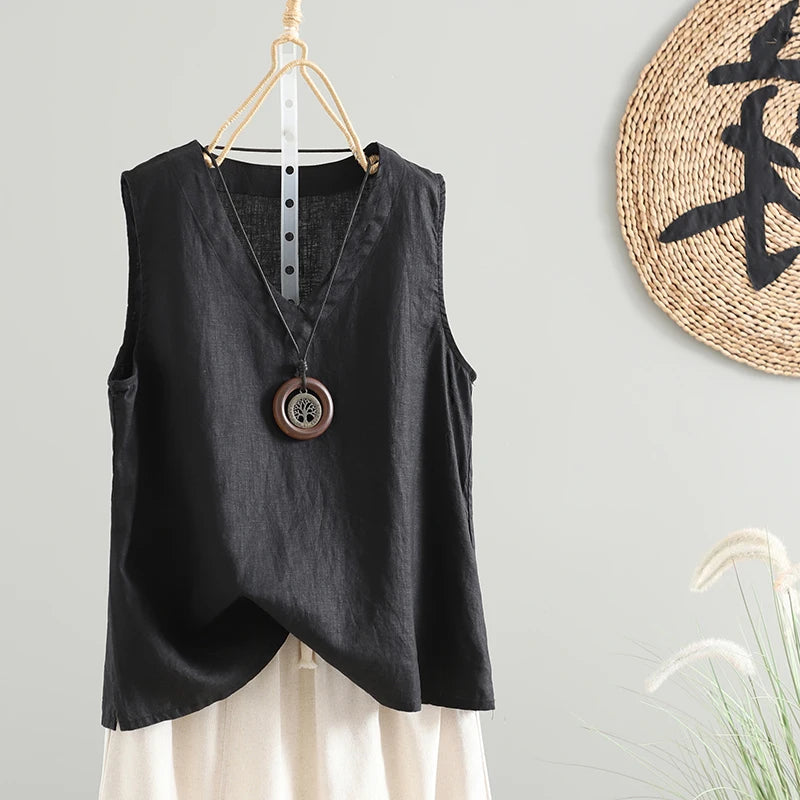 Slimming Pure Color Cotton Linen Lightweight Sleeveless round Neck Inner Wear Large Size Women's Fashionable Versatile Top
