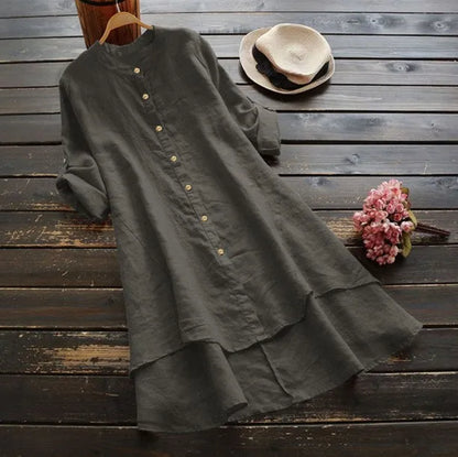 Women's Long Cotton Linen irt Blouse Top Pure Color Stand Collar Button Sve Polyester Fiber Mid-Length Gored Hem