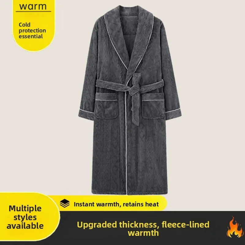 Men's Thickened Flannel Robe Autumn Winter Home Clothes Sleepwear Warm Long for Couple Fleece Lined Bathroom Gown