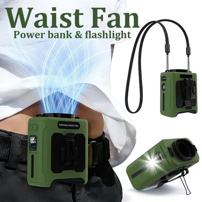 3-in-1 Waist Fan with Power Bank & Flashlight 10000mAh Strong Wind Neck Hanging Fan Portable Outdoor Mini Fan