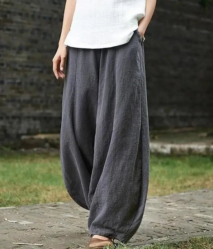 2024 Cotton Linen Bloomers Wide Leg Pants Women Vintage Full Length Fashion Elegent Pants Solid Elasitic Waist Spring Autumn 5XL