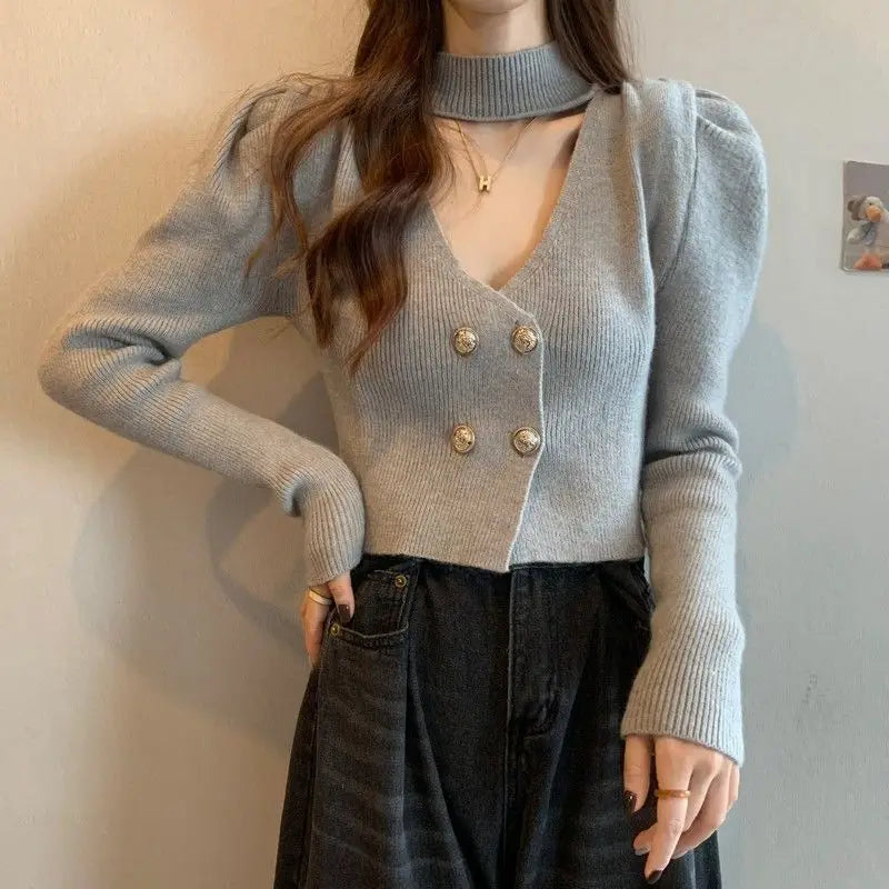 Elegant V-Neck Bubble Sleeve Knitwear Short Top Fashion Trend Neck Hanging Style Girl's French Style Slim Fit Long Sleeve Autumn