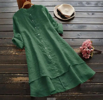 Women's Long Cotton Linen irt Blouse Top Pure Color Stand Collar Button Sve Polyester Fiber Mid-Length Gored Hem