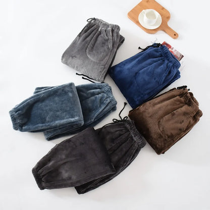 Mens Winter Fleece Lined Sleep Pants Warm Thickened Flannel Lounge Pants Elastic Cuff Homewear