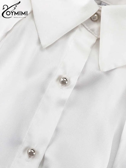 Oymimi Elegant White Patchwork Women's Shirt Fashion Lapel Long Sleeve Shirts Casual Necktie Off The Shoulder Button Blouses
