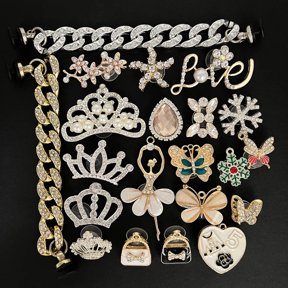 Metal Rhinestone Pearl Chain Butterfuly Crown Shoe Charms for Clogs Sandals Decoration Shoe Buckle for Girls Gift