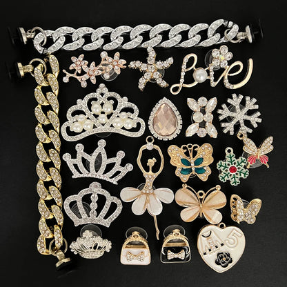 Metal Rhinestone Pearl Chain Butterfuly Crown Shoe Charms for Clogs Sandals Decoration Shoe Buckle for Girls Gift