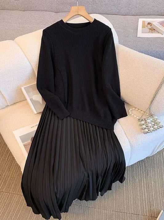 Elegant Long Sleeve Knitted Pleated Dress Autumn New Style plus Size Unique Loose Design Korean Commute Style Women's Dress