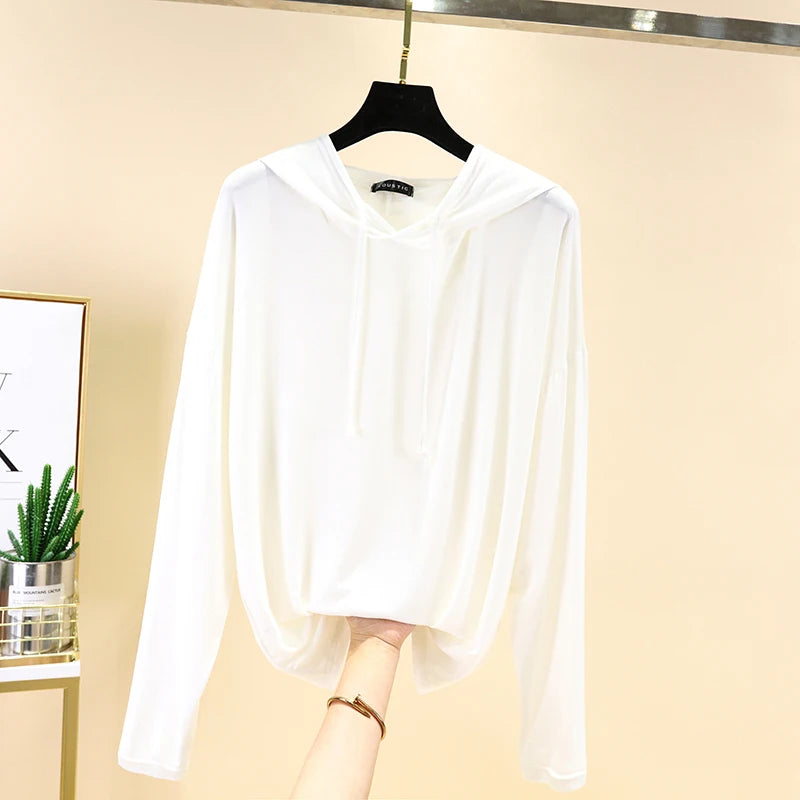 Spring Summer New Modal Long Sleeve Hoodie T-Shirt Women plus Size Loose Base Shirt Slimming Sun Protection Top Korean Style