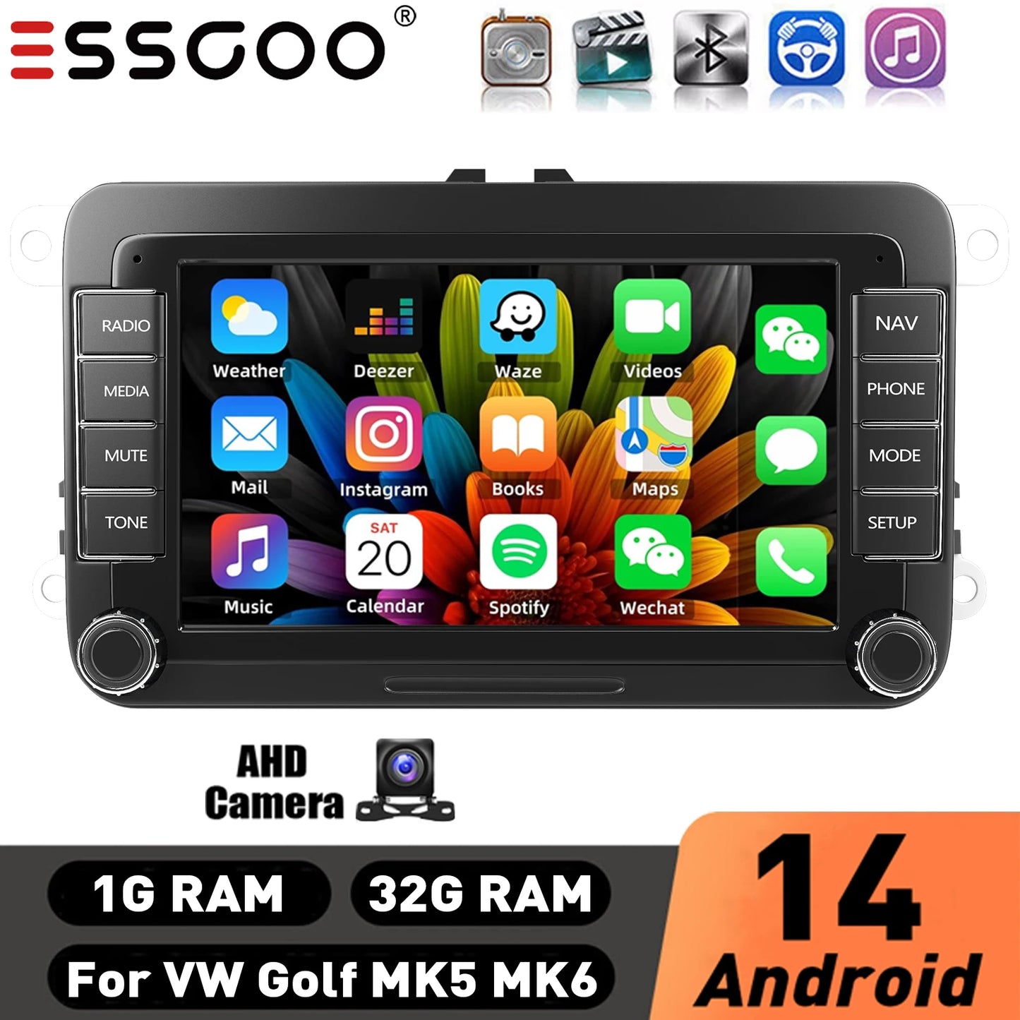 7" Car Stereo Android 14 For VW Volkswagen Jetta Passat Golf MK5 MK6 Apple Carplay GPS Navigation FM Radio WiFi SWC Head Unit BT