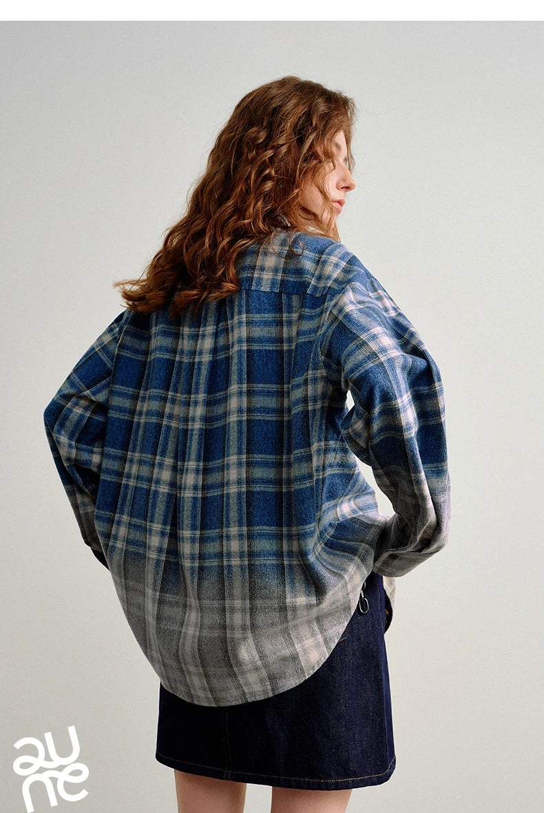 TOYOUTH Women Brushed Shirts 2026 Spring New Mid-Length Gradient Blue-White Plaid Loose Blouses