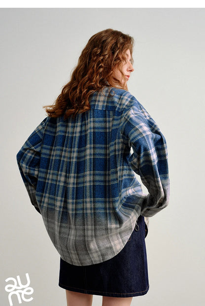 TOYOUTH Women Brushed Shirts 2026 Spring New Mid-Length Gradient Blue-White Plaid Loose Blouses