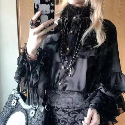 Gothic Style Batwing Sleeve Shirt Women Lolita Loose Spring Autumn Ladies Elegant Red and Black Top Blouse Solid Color Blouse