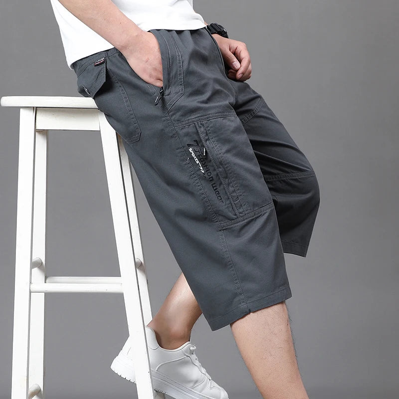 Summer Zipper Pocket Workwear Shorts Mens Knee Cargo Pants 2026 Cotton Shorts Men Climbing Jogger Elastic Waist Sports Work Wear