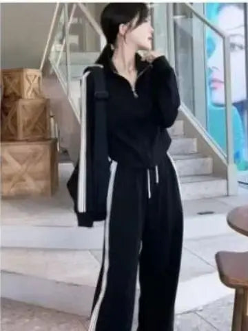 Fashionable Sportswear Set Women's Stand Collar Sweatshirt Slimming Two-Piece Suit Korean Style Commute High Waist Long Pants