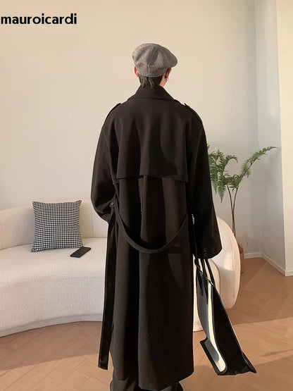 Mauroicardi Autumn Winter Long Oversized Windproof Black Warm Woolen Coat Men Sashes Double Breasted Wool Blends Overcoat 2023