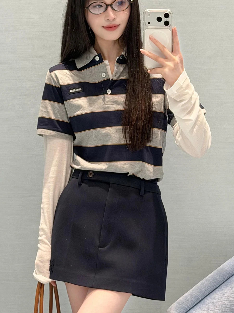 Sweet Cool Girl Spring New Style Miu Style Embroidered Letter Grey Blue Color Block Stripe  Short Sleeve Women's Top