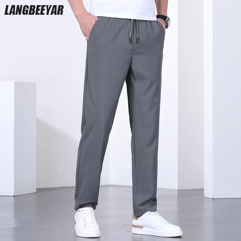 Premium Elastic New Brand Anti-pilling Drawstring Casual Fashion Men Breathable Office Business Long Pants Easy Care Trousers