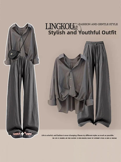 Summer Vintage plus Size Set Women's Fashion Asymmetrical Long Sleeve Thin Shirt Versatile Slimming Casual Pants Two Piece Set