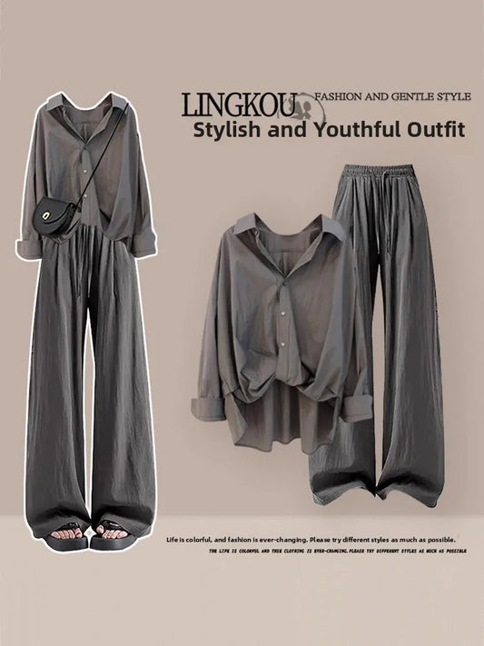 Summer Vintage plus Size Set Women's Fashion Asymmetrical Long Sleeve Thin Shirt Versatile Slimming Casual Pants Two Piece Set