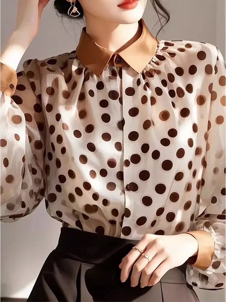 2025 Summer New Loose Polka Dot Women's Shirt Design Sunscreen Chiffon Blouse Elegant Commute Style Long Sleeve  Collar