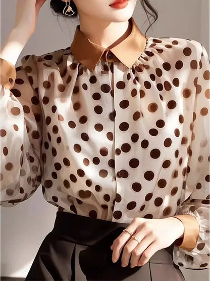 2025 Summer New Loose Polka Dot Women's Shirt Design Sunscreen Chiffon Blouse Elegant Commute Style Long Sleeve  Collar