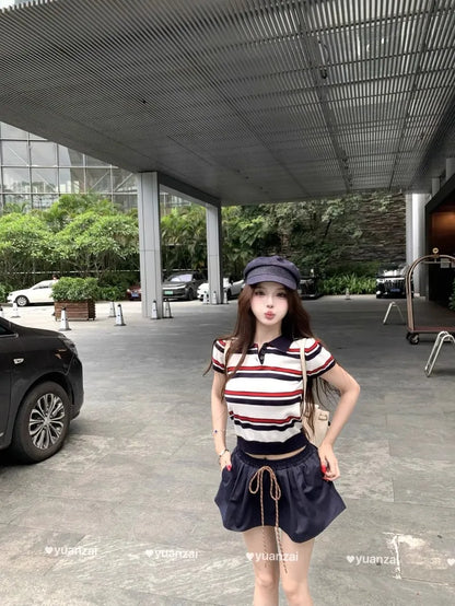 Miu Stripe  Neck Knitted Short Sleeve T-Shirt Women's Summer Design Sensible Short Style Korean Version Slim Fit Top
